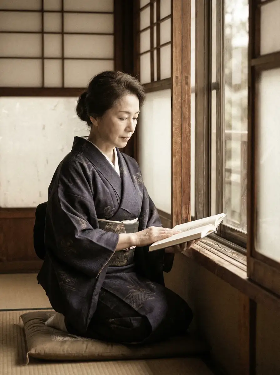 一位优雅的五十岁 银河Galaxyapp 身穿深蓝色和服，在窗边静读